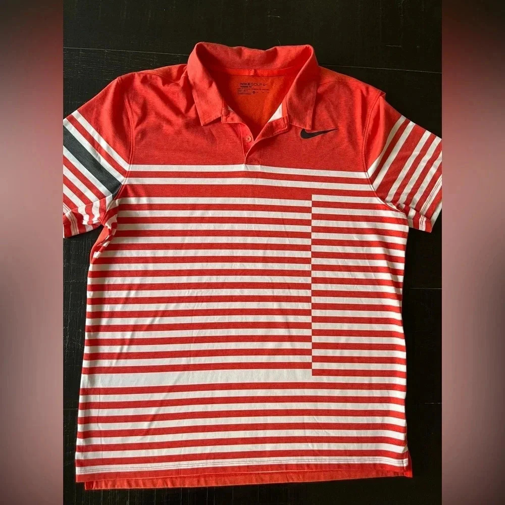 Nike Golf Red Orange & White Mens Stripe Polo Shirt Modern Fit Dri Fit Size XL